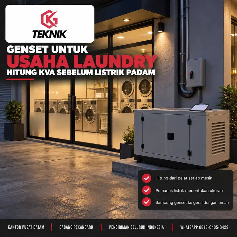 Genset untuk usaha laundry: genset cadangan di luar ruko, panel saklar pemindah di dinding, mesin cuci dan pengering komersial di dalam gerai