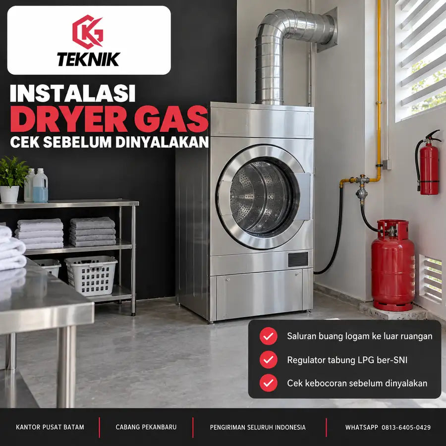 Instalasi dryer gas laundry dengan saluran buang logam kaku, selang gas ke mesin pengering, dan tabung LPG di sudut berventilasi