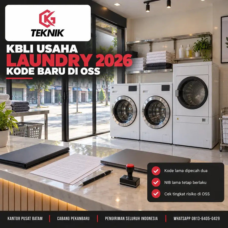 KBLI usaha laundry 2026: meja kerja di ruko laundry dengan map dokumen izin, laptop, dan mesin cuci komersial di latar belakang