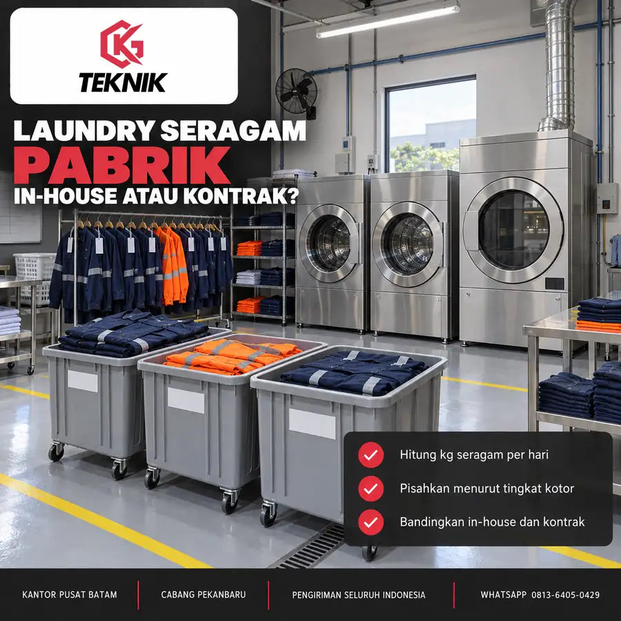 Ruang laundry seragam pabrik dengan mesin laundry industri, pengering, dan seragam kerja yang dipisah per kelompok