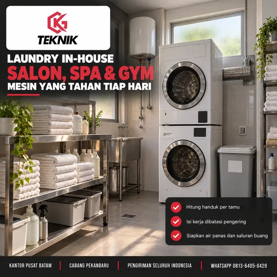 Mesin cuci untuk salon dan spa: mesin cuci dan pengering komersial bertumpuk di ruang belakang, dengan saluran buang logam ke luar dan tumpukan handuk bersih