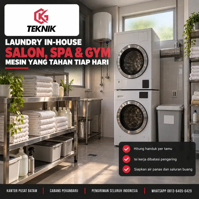 Mesin cuci untuk salon dan spa: mesin cuci dan pengering komersial bertumpuk di ruang belakang, dengan saluran buang logam ke luar dan tumpukan handuk bersih