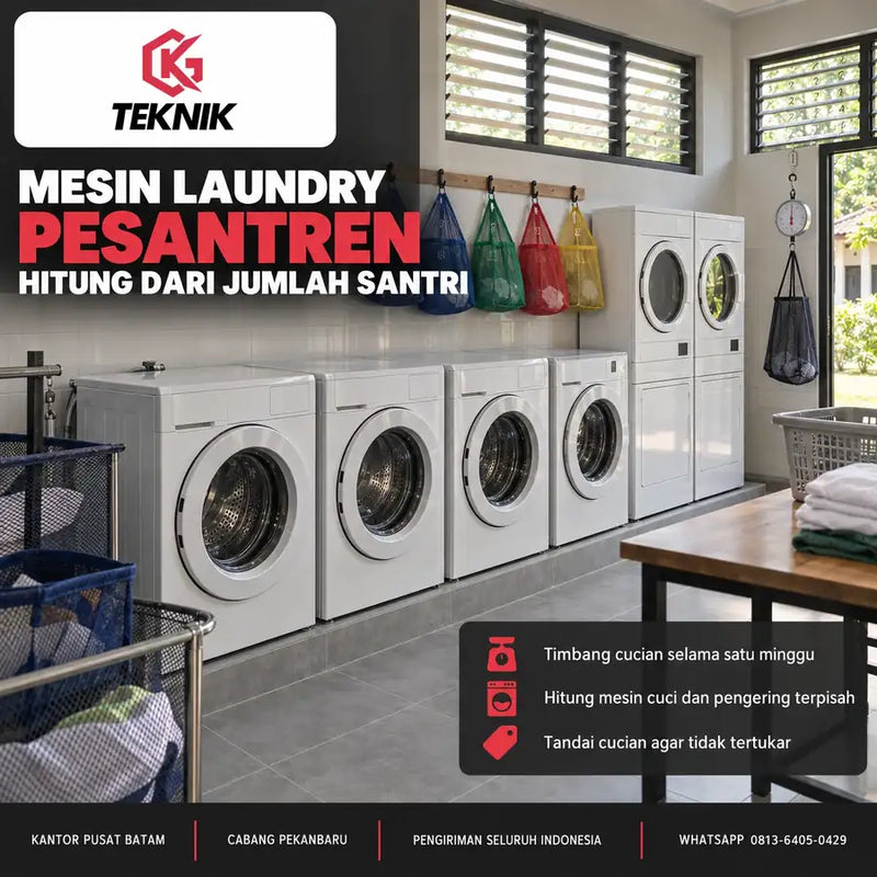 Ruang laundry asrama dengan deretan mesin laundry pesantren, kantong jaring berlabel per kamar, dan rak pengembalian cucian
