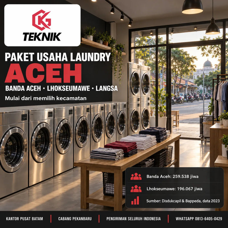 Paket usaha laundry Aceh dengan mesin cuci dan pengering komersial di gerai kawasan padat