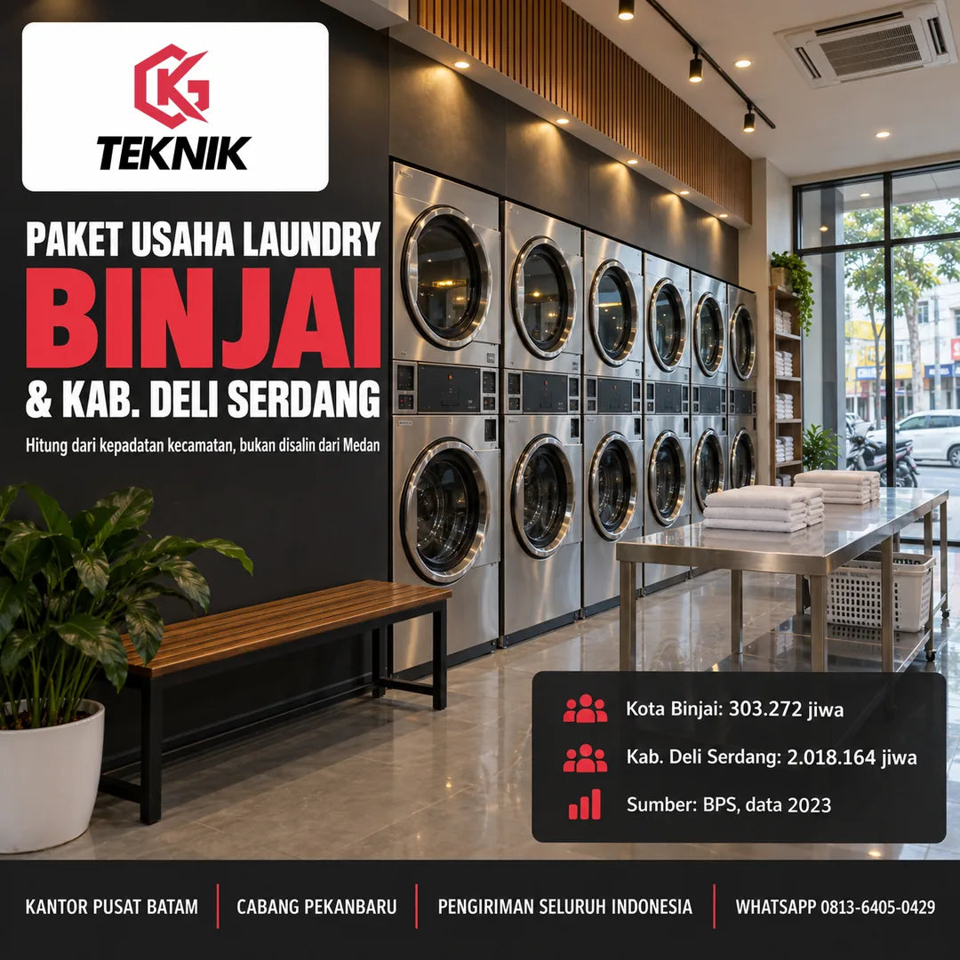 Paket usaha laundry Binjai dengan deretan mesin cuci dan pengering komersial di gerai ruko