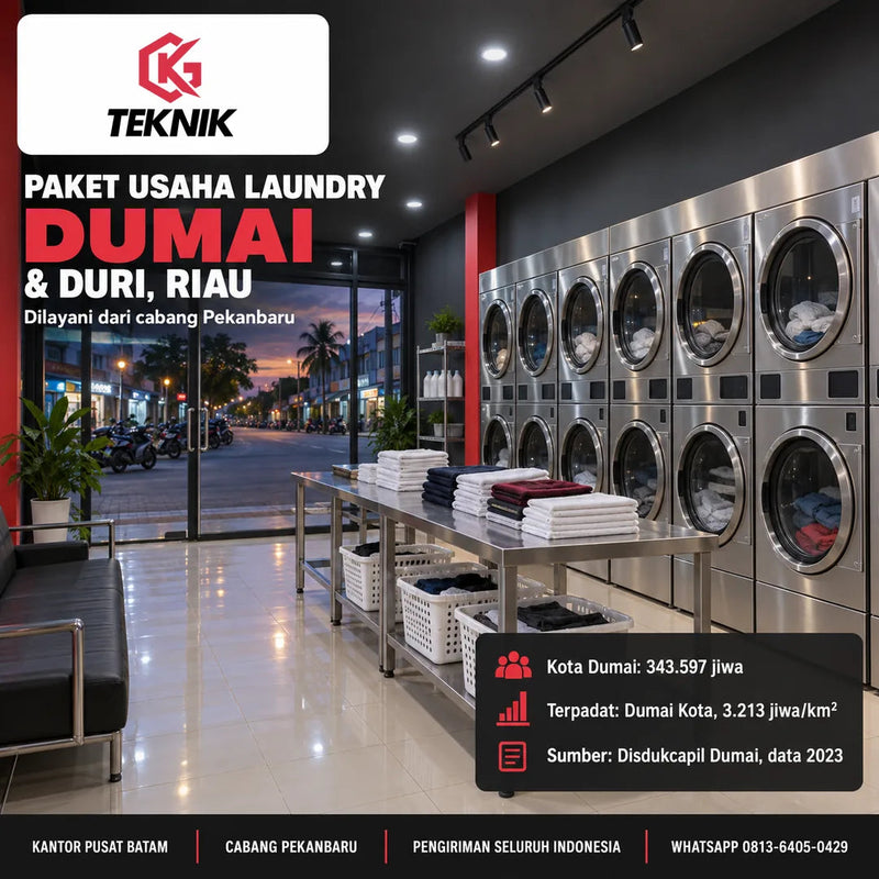 Paket usaha laundry Dumai dengan deretan mesin cuci dan pengering komersial di ruko