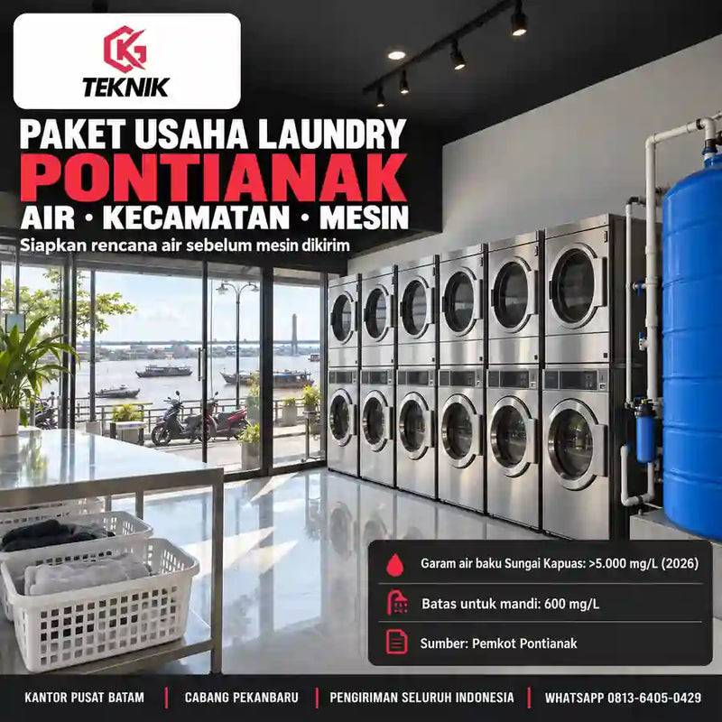 Paket usaha laundry Pontianak dengan mesin cuci, pengering, dan tandon air cadangan di gerai